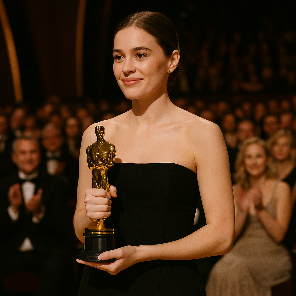 Jessie Buckley holding her Oscar on stage with the audience clapping in the background