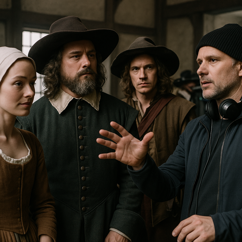 A dramatic still of Jessie Buckley in her role as Agnes in 'Hamnet', set against a backdrop of 17th-century countryside