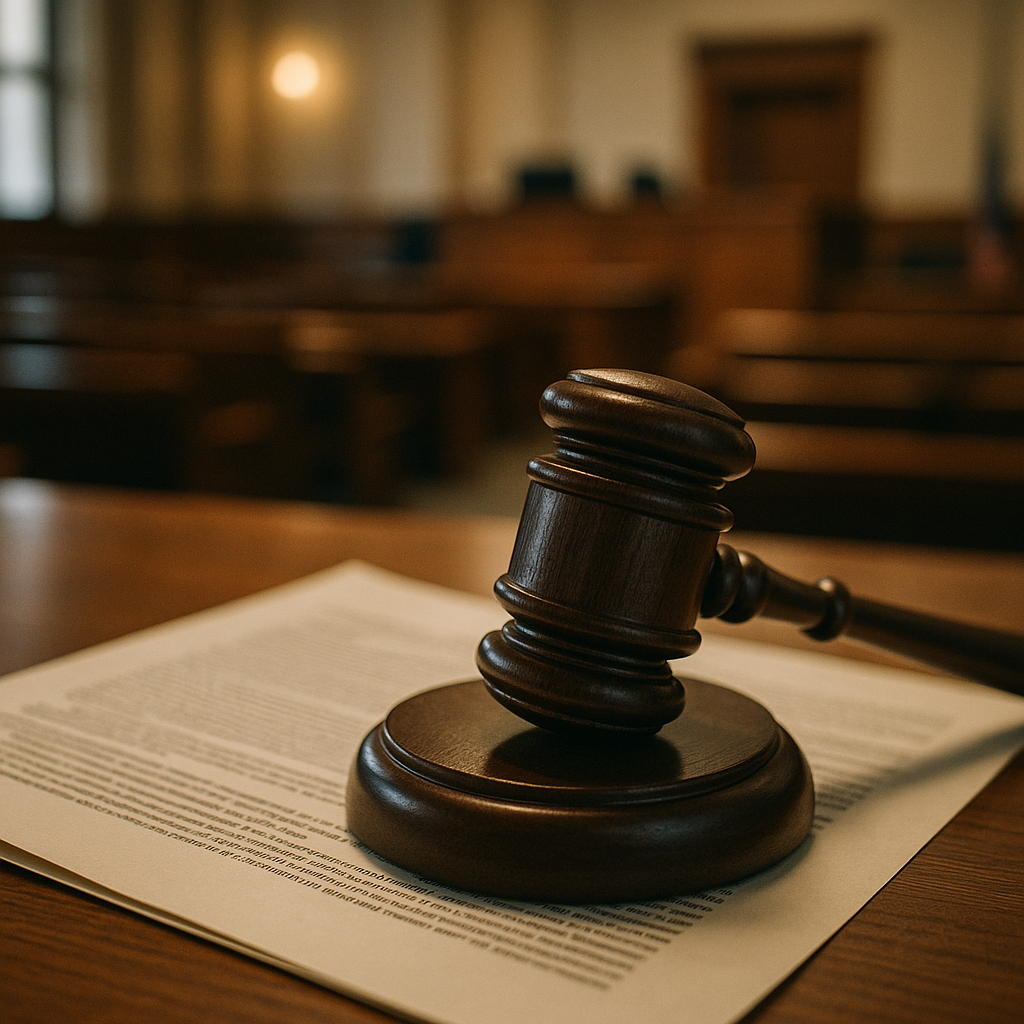 A gavel resting on a legal document with blurred courtroom in the background