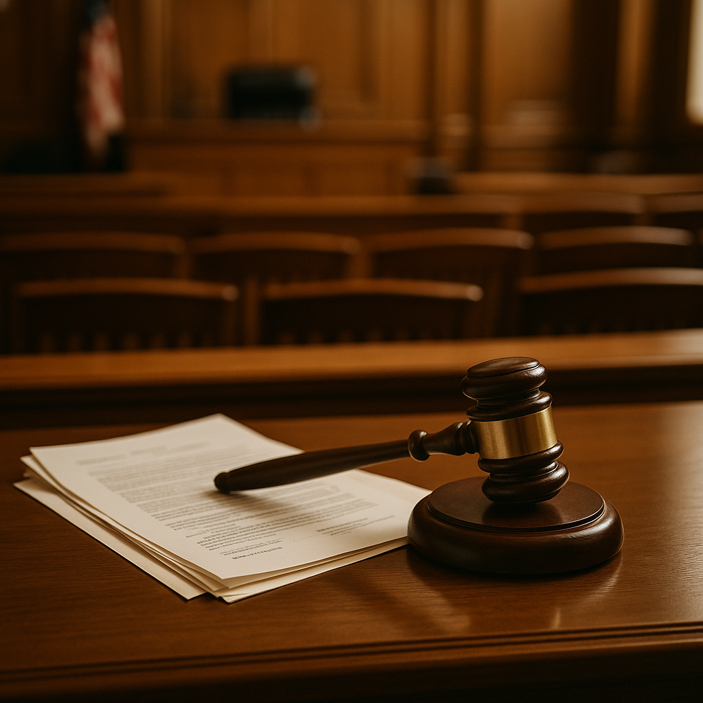 A courtroom setting with a gavel and legal documents on a wooden desk
