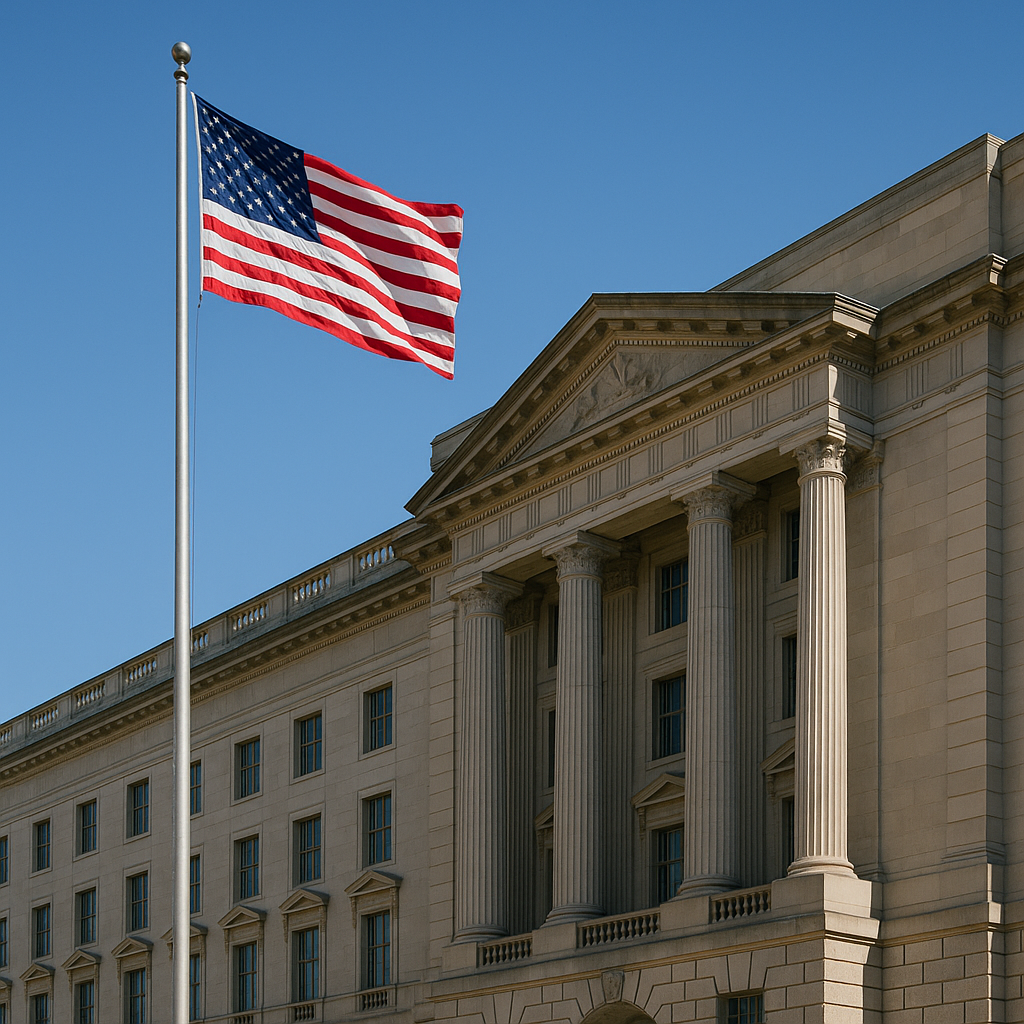 The Federal Reserve Building in Washington, D.C., with an American flag flying overhead