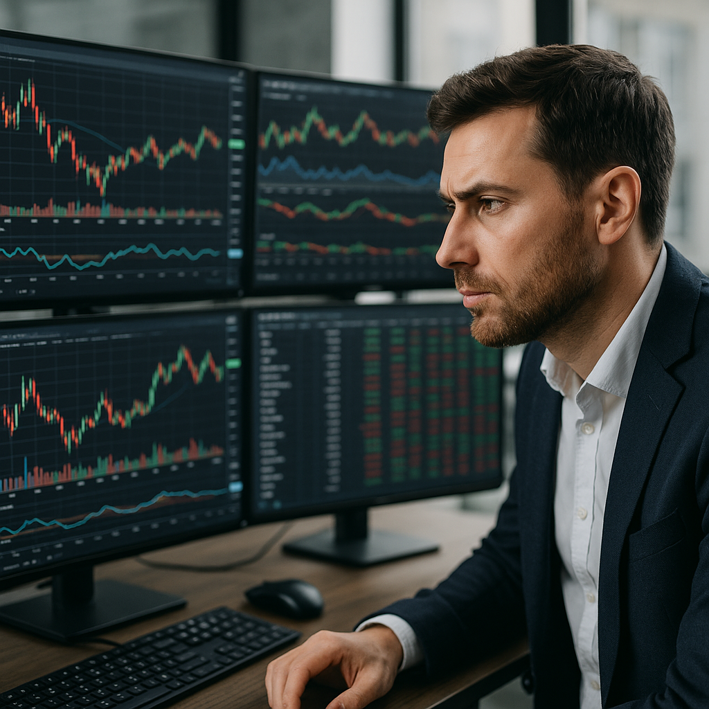 A financial analyst reviewing stock data on multiple monitors