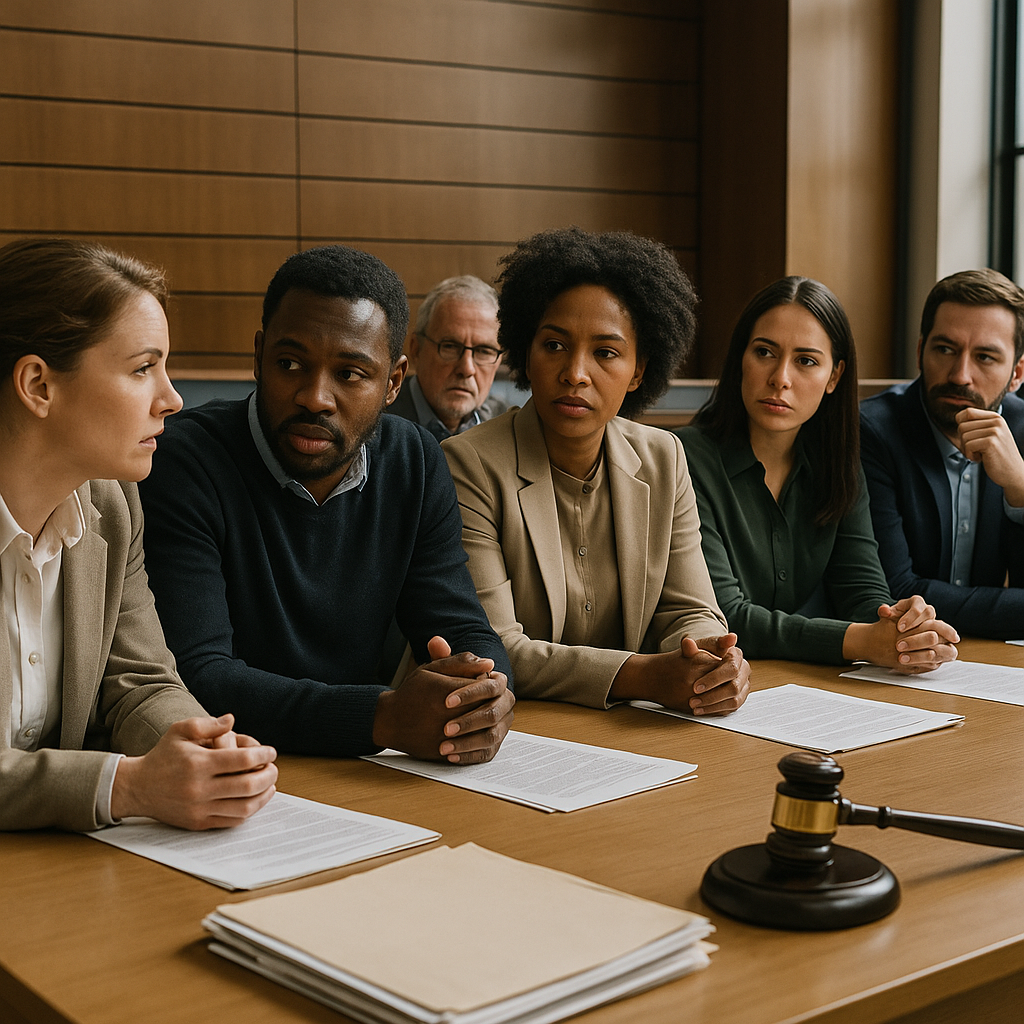 A courtroom scene showing a diverse jury deliberating