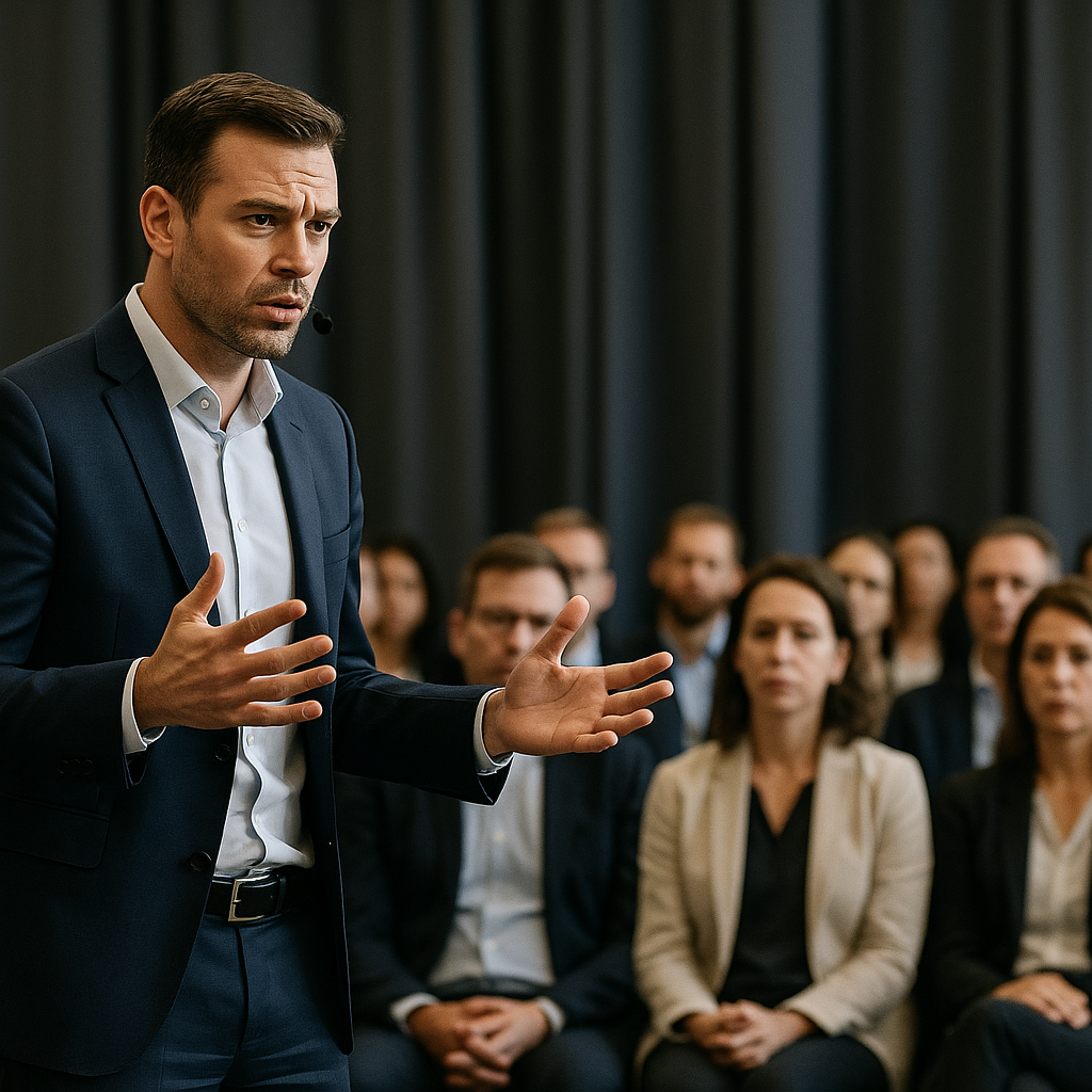 A candid moment of a professional mid-speech, perhaps confessing a cultural or business challenge