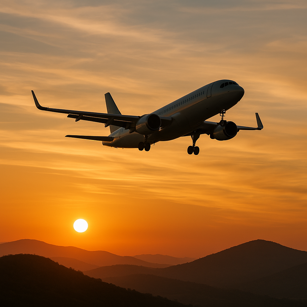 A plane mid-air above a landscape, symbolizing travel and human vulnerability