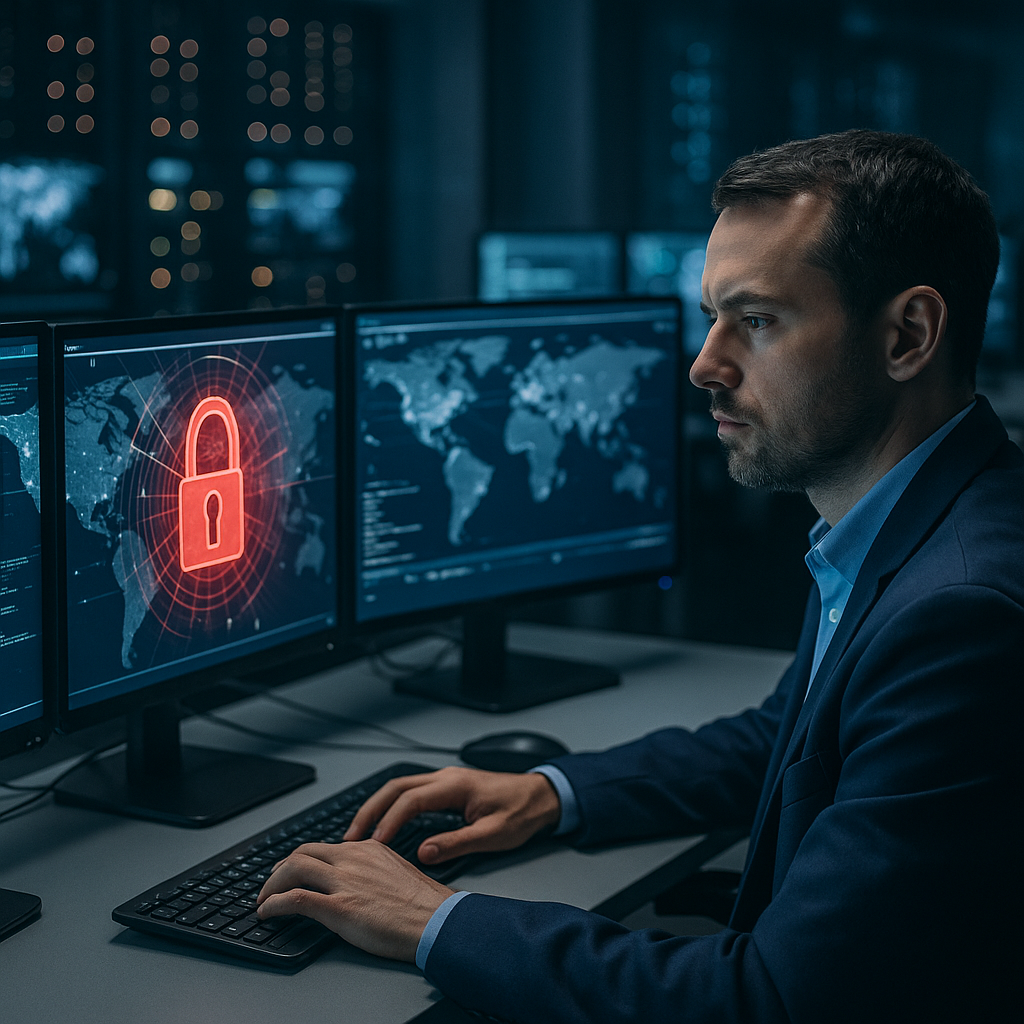 A hacker coding in a dimly lit security operations center