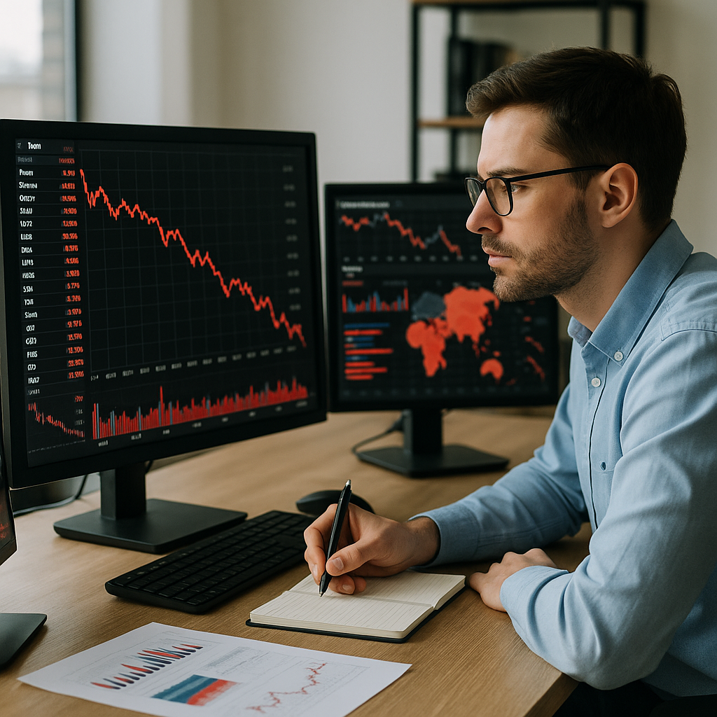 A financial analyst tracking downward stock trends for US tech industry