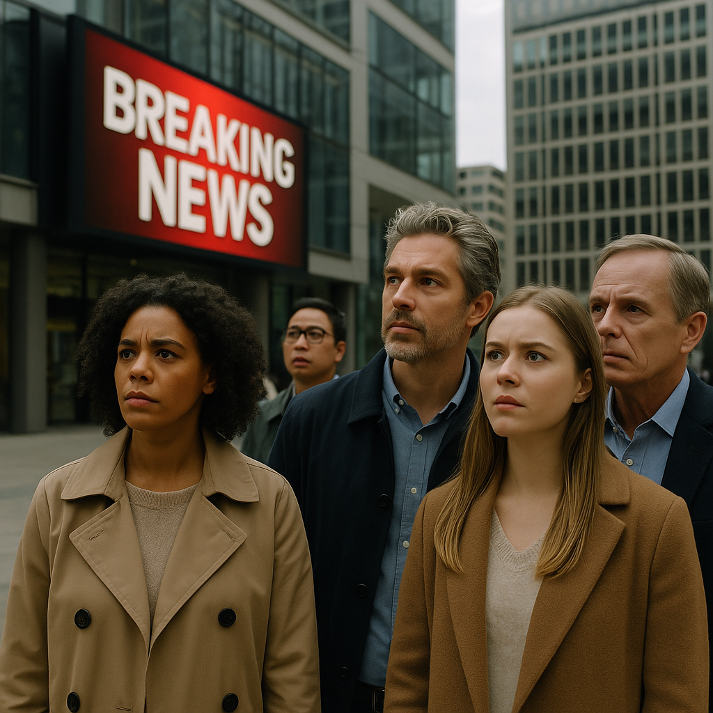A group of people looking at a breaking news headline on a large screen in a public setting