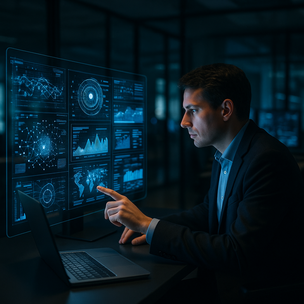A tech worker interacting with an AI-driven workstation in a dimly lit office setting