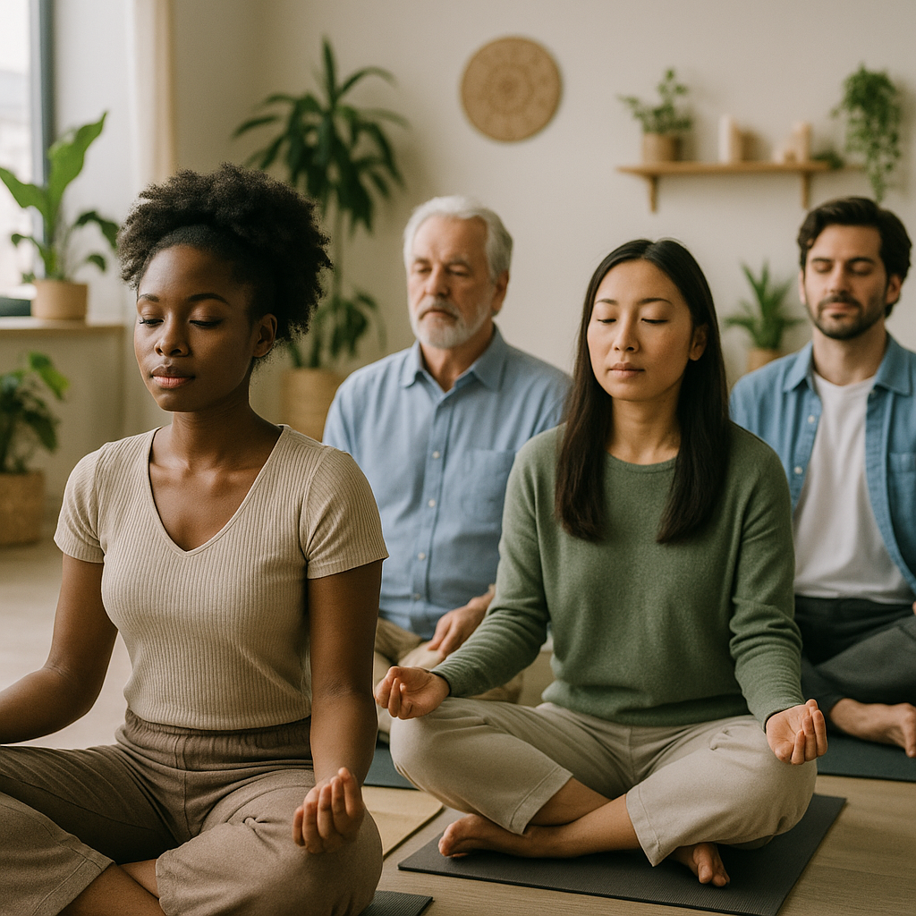 A community workshop in progress with participants engaging in mindfulness exercises