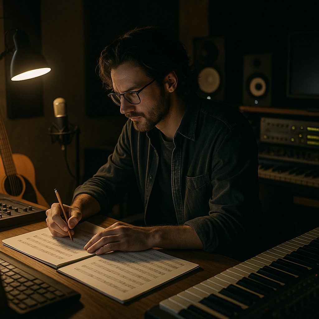 A composer working in a dimly lit studio, surrounded by musical instruments and recording equipment