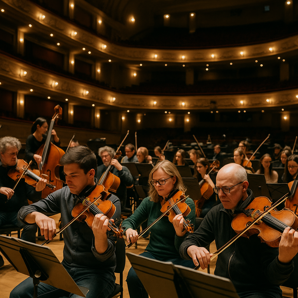 A symphony orchestra rehearsing in a grand concert hall