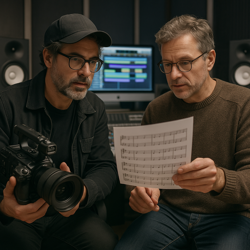 A filmmaker and composer reviewing sheet music in a recording studio