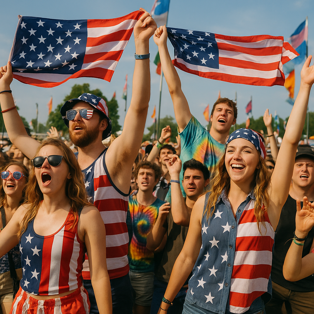 A vibrant crowd of festival attendees in American flag-themed outfits, enjoying an outdoor music event