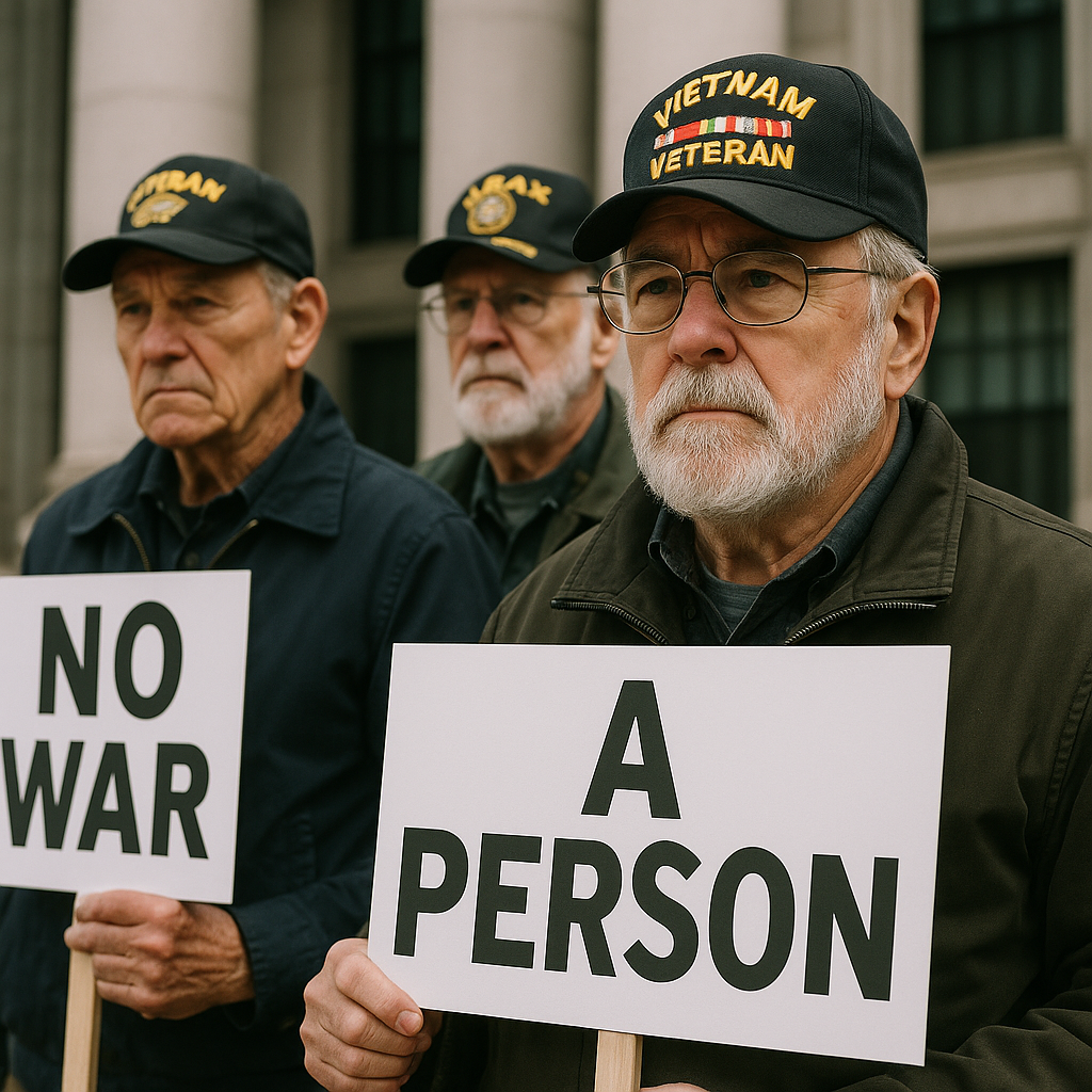 A group of veterans holding anti-war signs in front of a government building