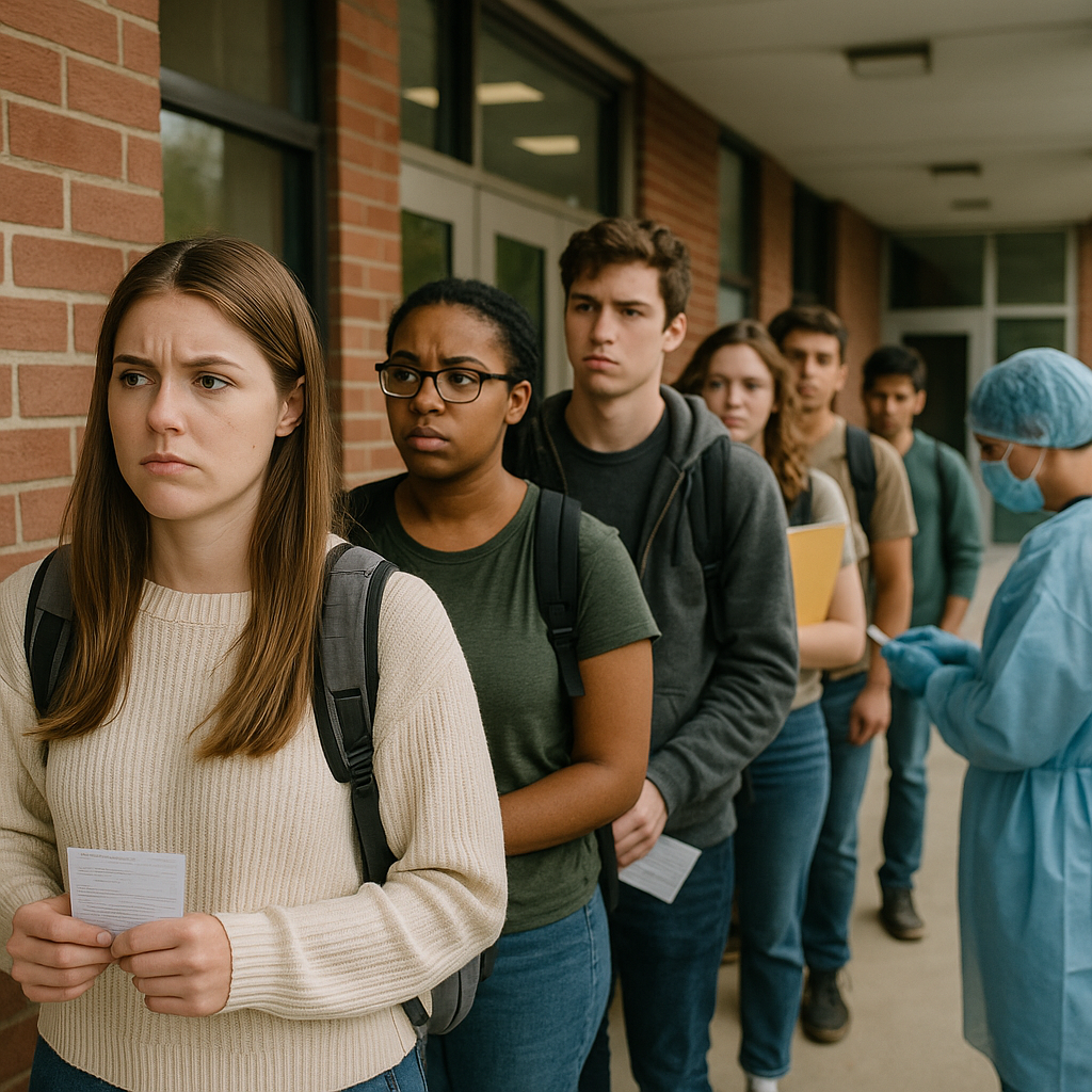 Students lining up for antibiotics and vaccines at a university health center
