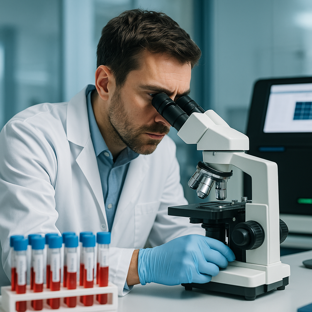 Laboratory scientist handling test samples under a microscope