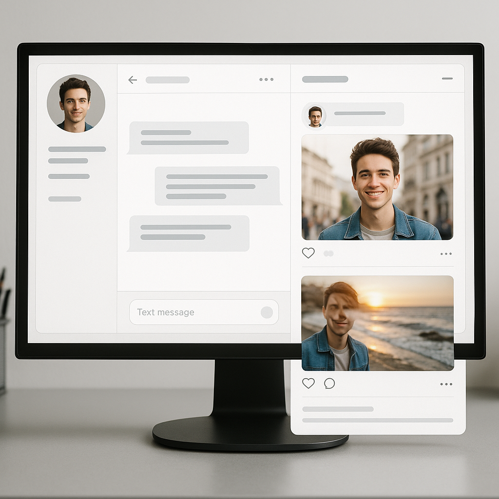 A desktop screen showing social media interactions, including a profile image and chat messages