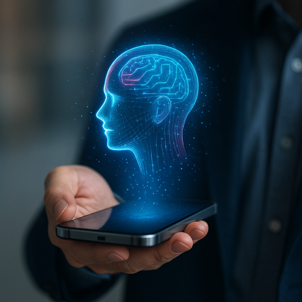 Abstract hologram image displayed on a futuristic device, symbolizing AI-driven memories