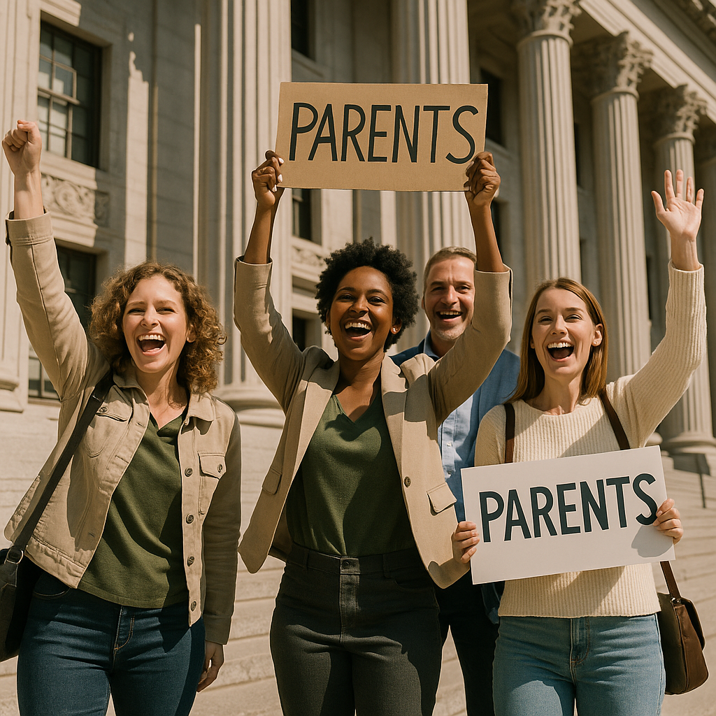 Courthouse steps filled with parents celebrating the verdict