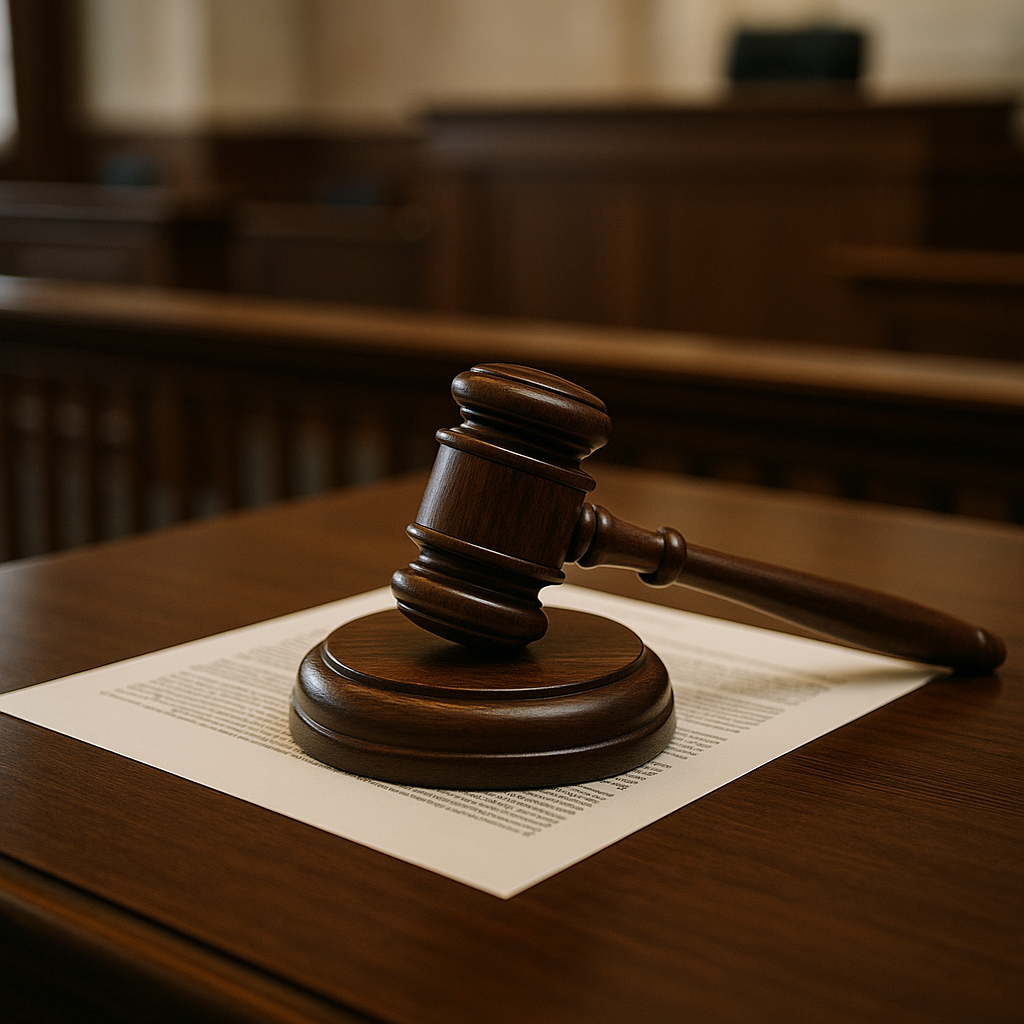 Gavel resting on a legal document in a courtroom setting