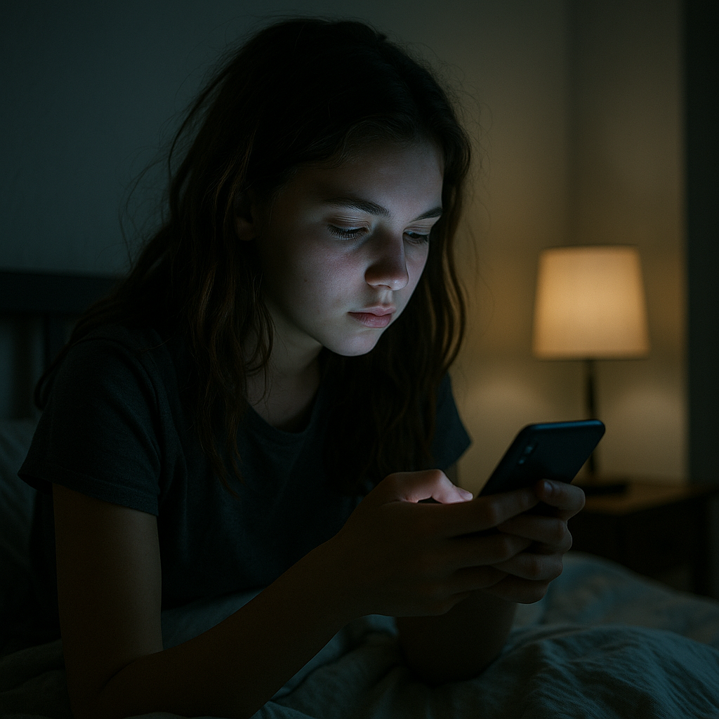 Teenage girl scrolling through her smartphone late at night in a dimly lit room