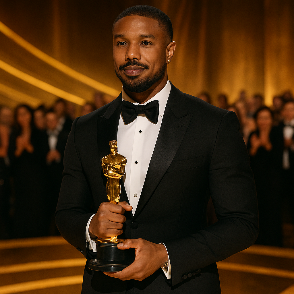 Michael B. Jordan holding his Oscar, standing on stage against a backdrop of gold decor