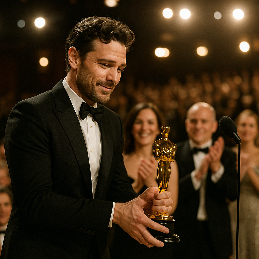 Michael B. Jordan accepting the Oscar on stage, holding the statue while the crowd applauds