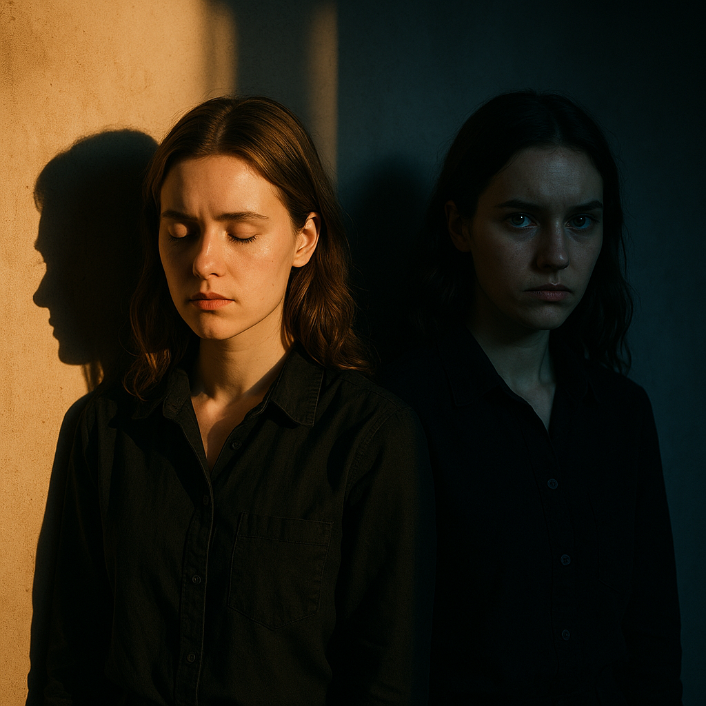 A cinematic still from the film 'Sinners', featuring moody lighting and symbolic imagery of duality