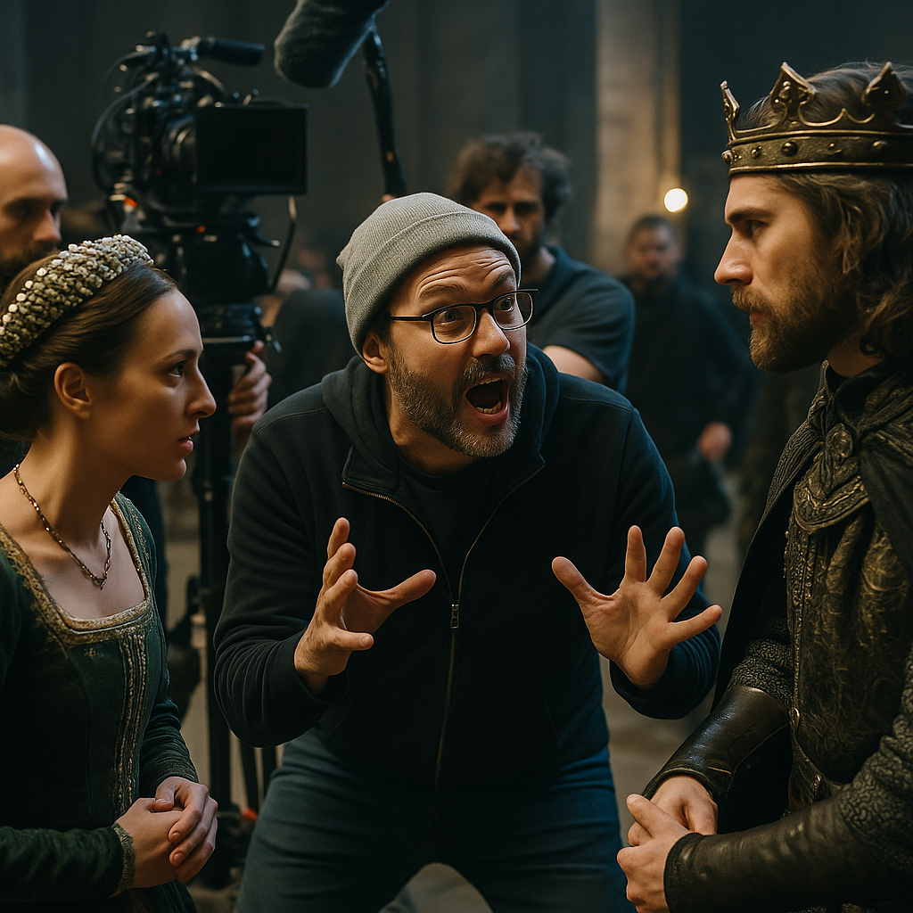 A behind-the-scenes look at a film set, showing a director and actors collaborating intensely
