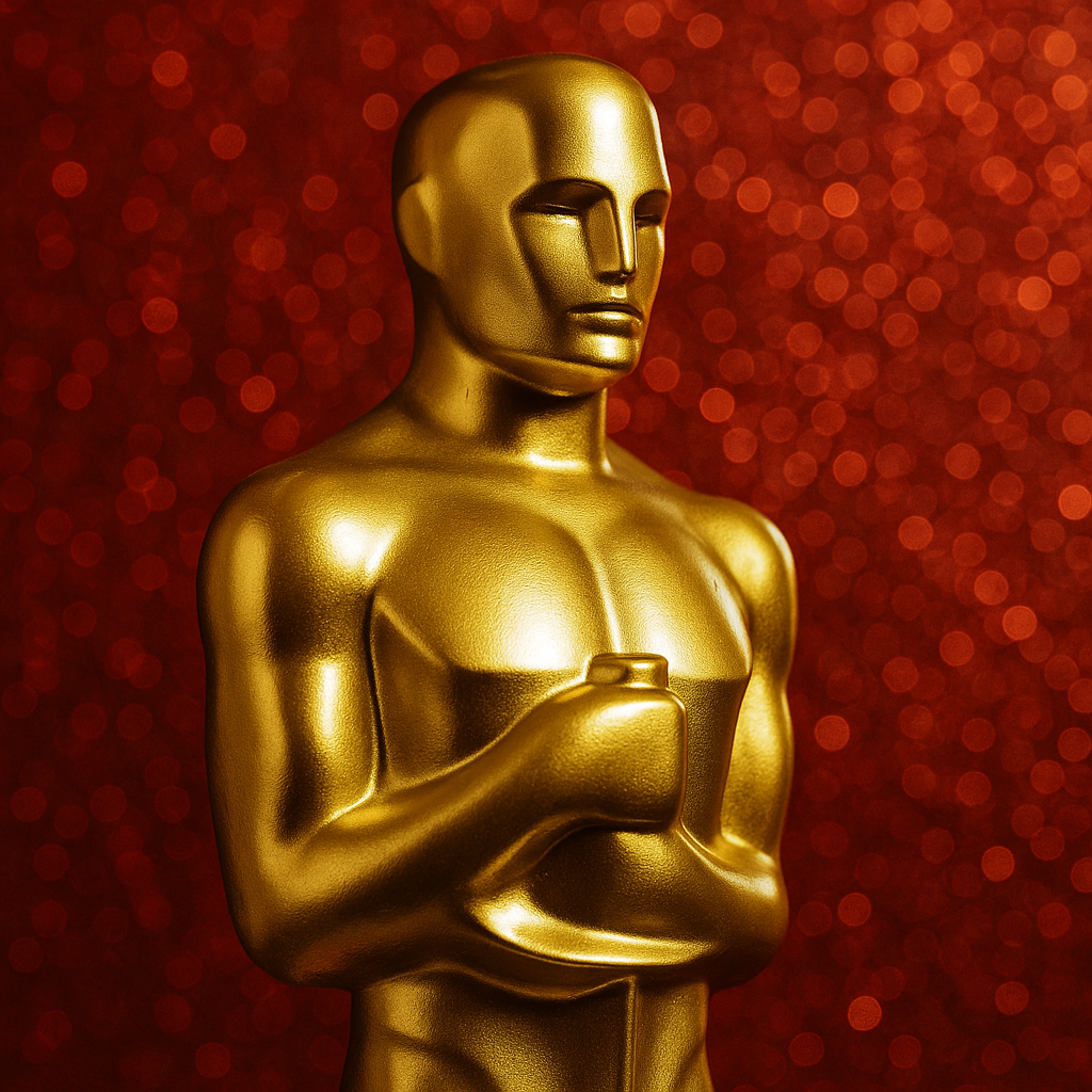 A close-up of the Oscar statue against a glittering red backdrop, symbolizing the event's prestige