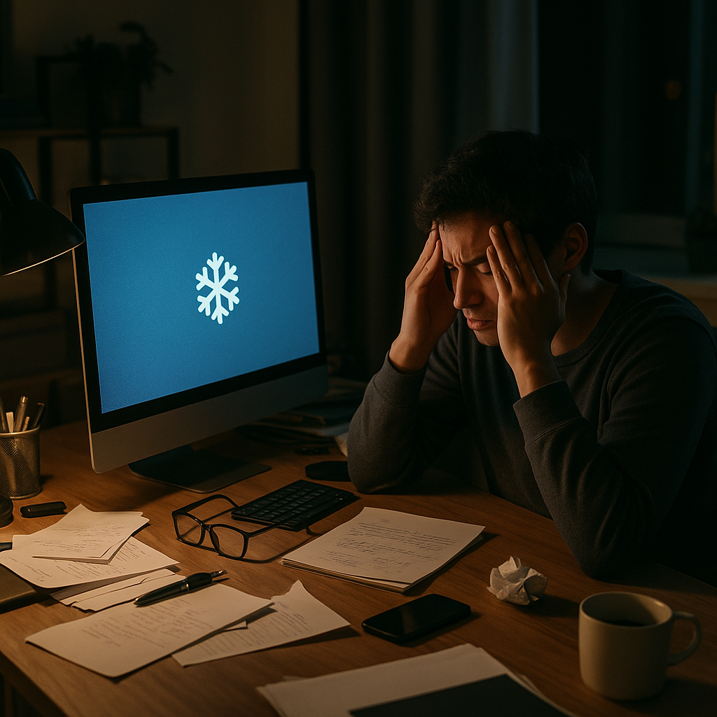 A person sitting at a desk looking frustrated at a frozen computer screen