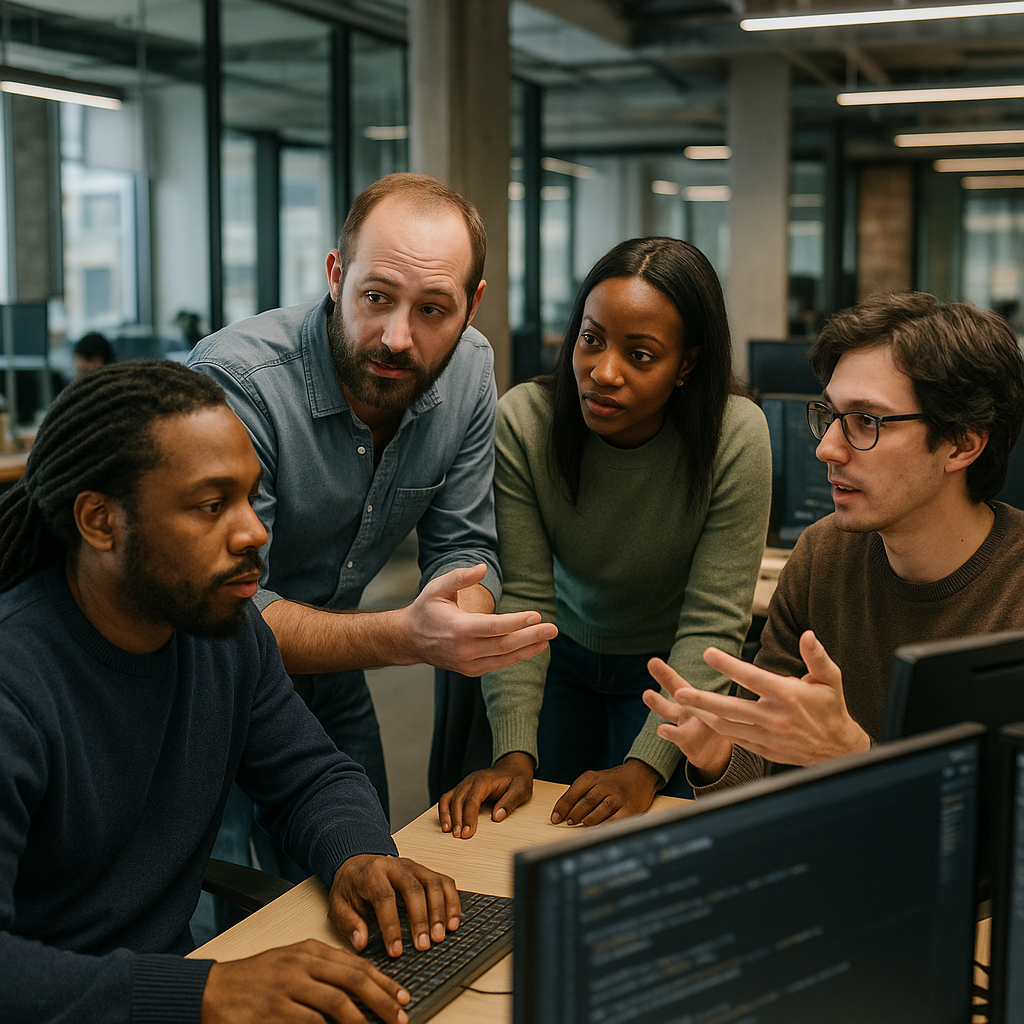 A team of software developers gathered around monitors in a tech office discussing code errors