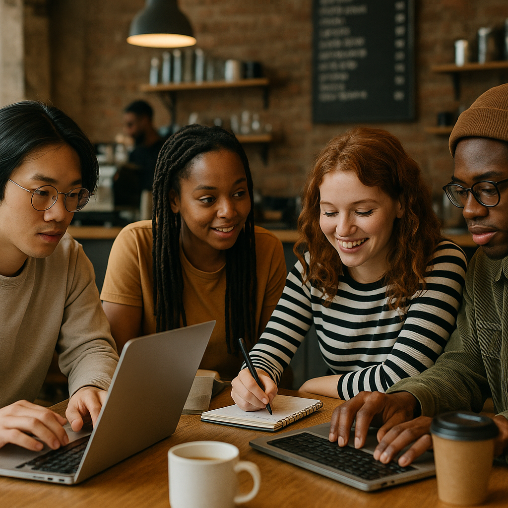 A group of millennials at a coffee shop, working on laptops and brainstorming ideas