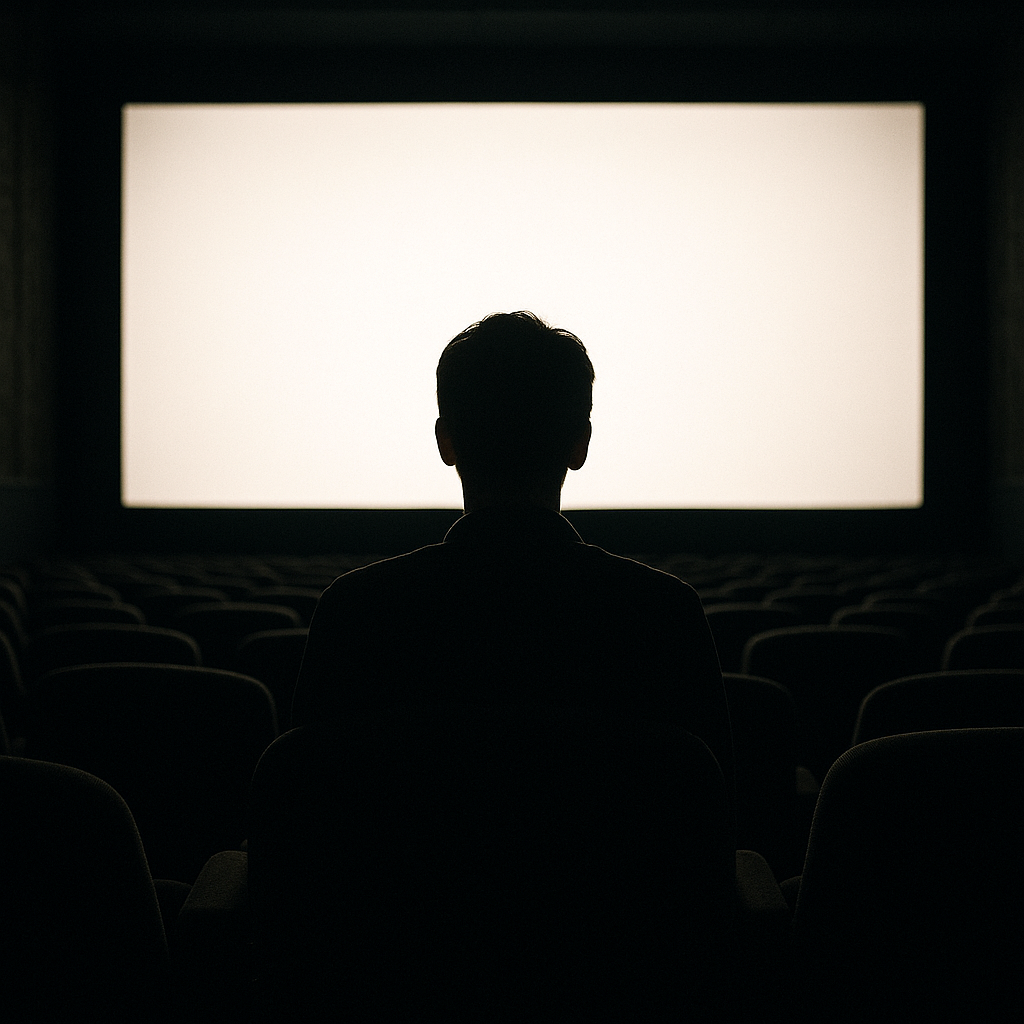 A person sitting alone in a dark theater with a glowing screen ahead