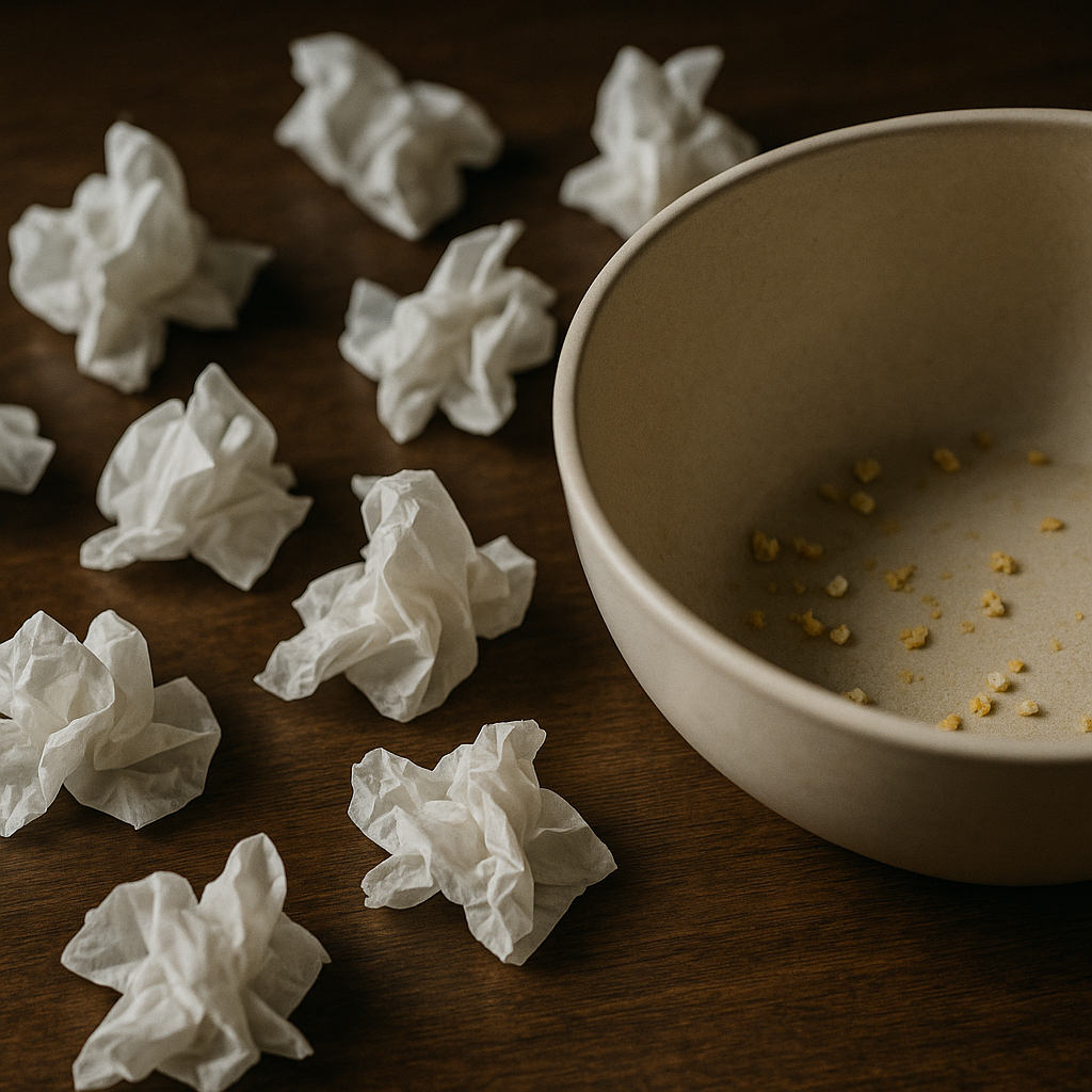 A close-up of tissues scattered next to an empty popcorn bowl, symbolizing an emotionally tough viewing experience