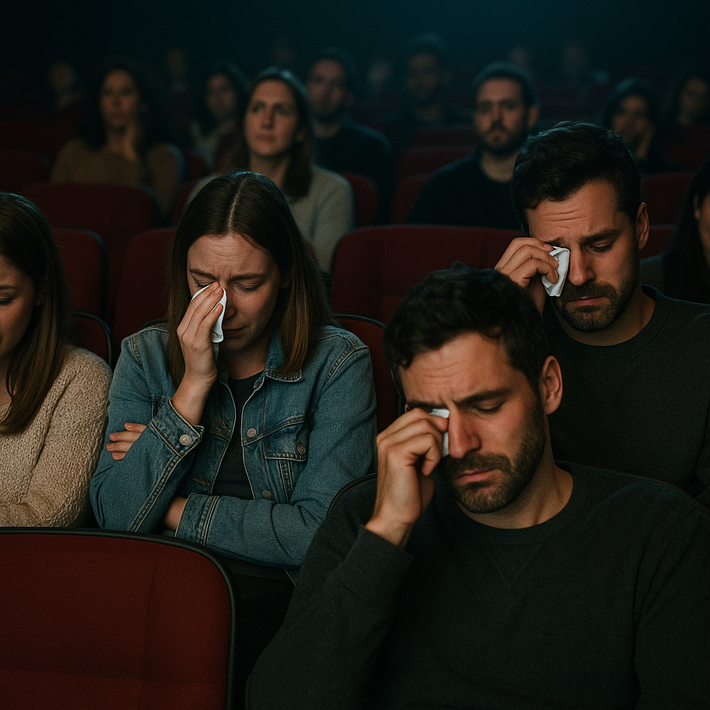An emotional audience wiping tears during a movie projection in a dimly lit theater