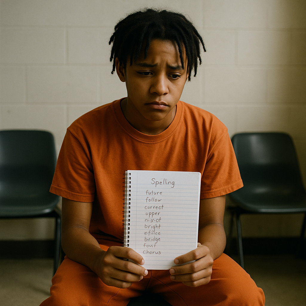 A heartbroken child in detention holding a notebook with the spelling bee logo