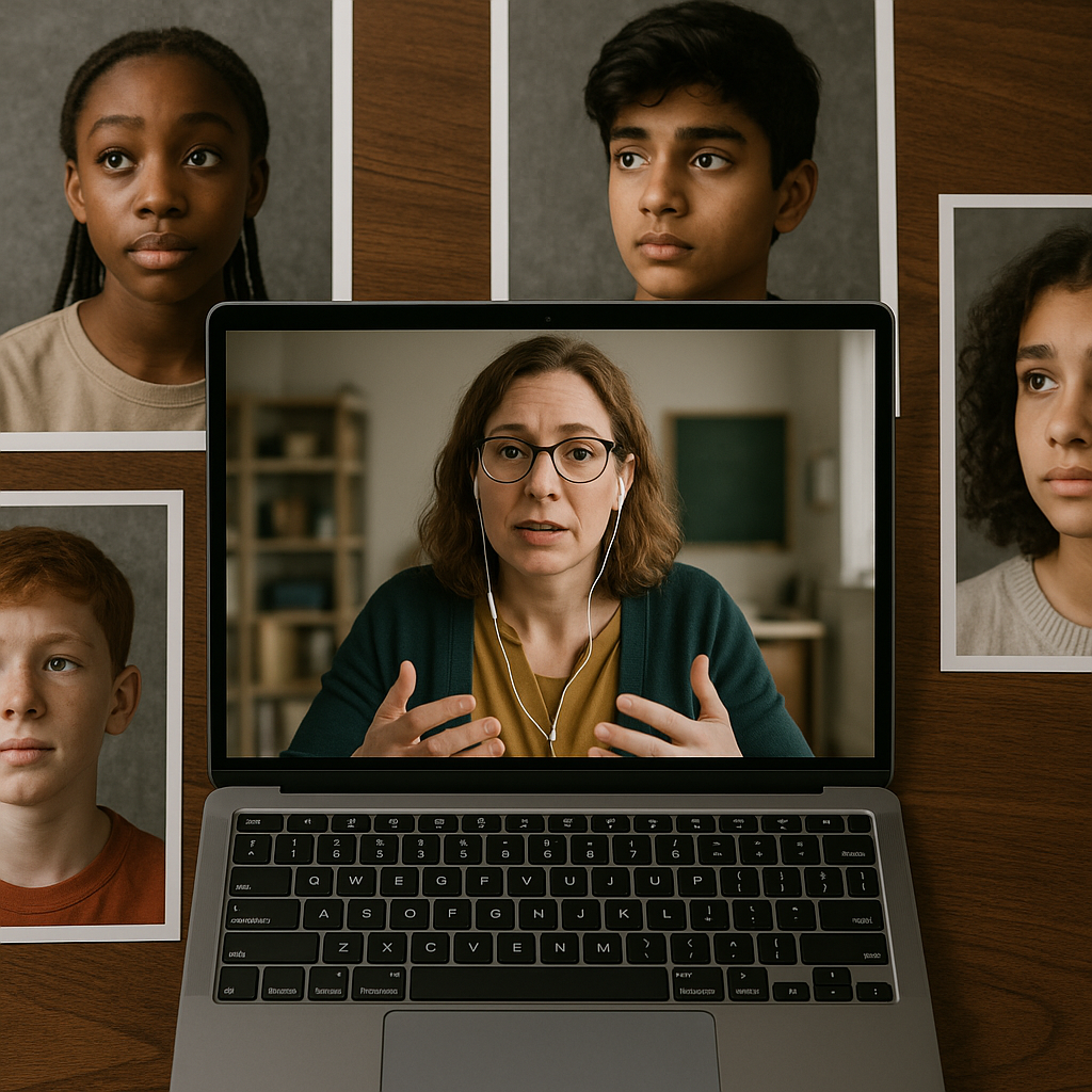 Ms. Rachel interacting with a diverse group of children on a video call