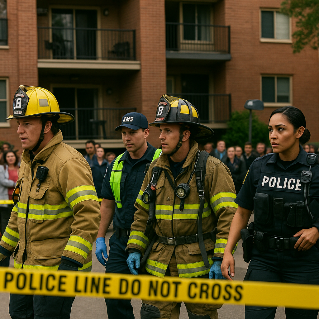 Emergency responders and police tape near an apartment complex with a concerned crowd in the background