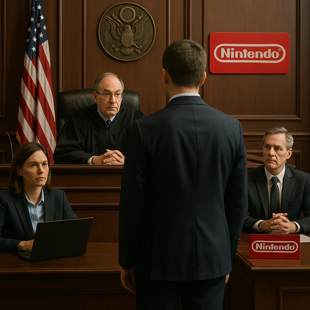 A courtroom with Nintendo logos displayed, representing the company's lawsuit