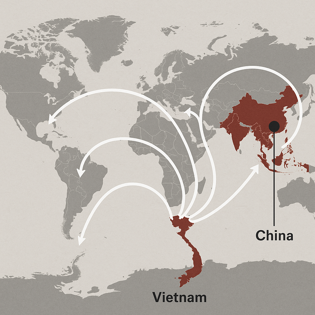 A supply chain diagram showing international partnerships for manufacturing