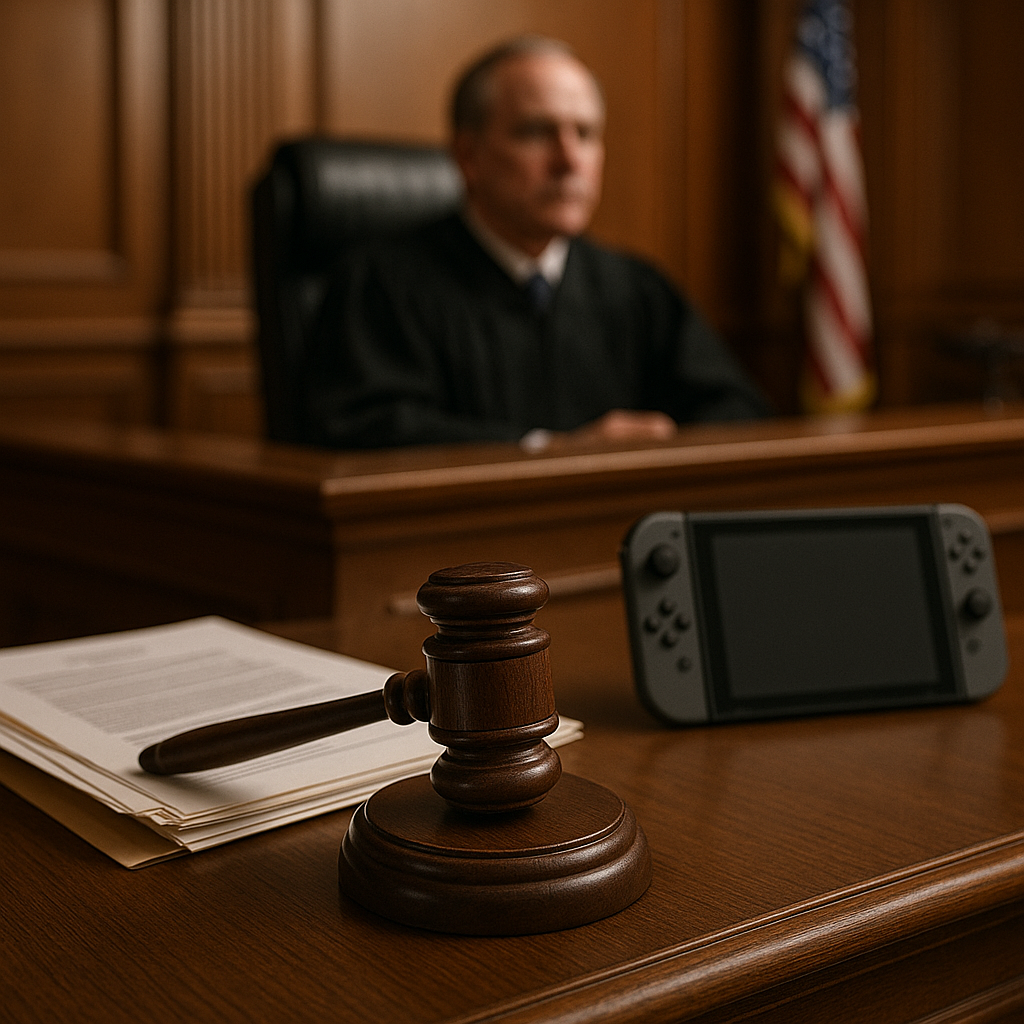 A courtroom scene featuring gavel, law books, and a faint shadow of a gaming console