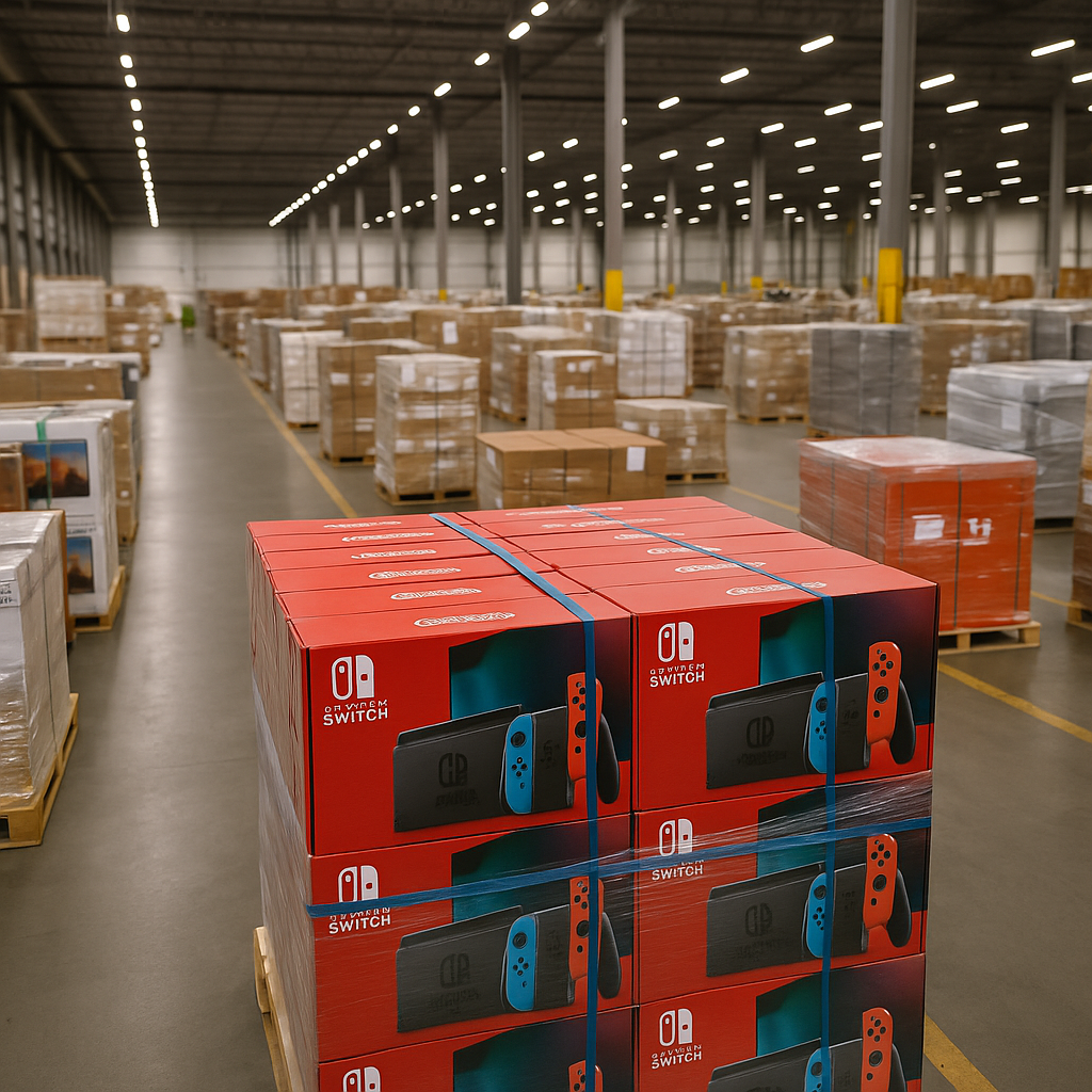 A warehouse with palettes of electronics waiting for shipment