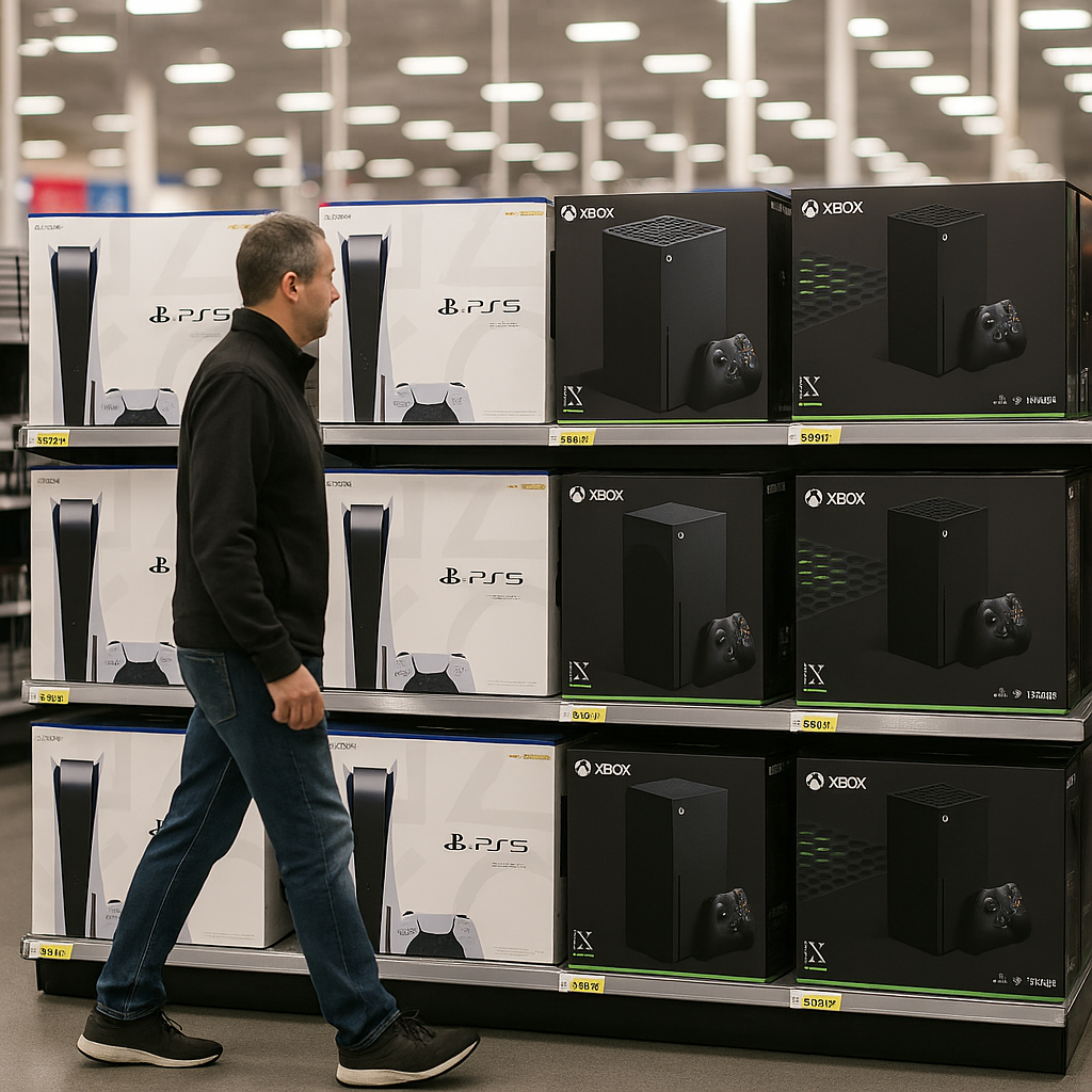 A shelf stacked with Nintendo Switch consoles in a retail store