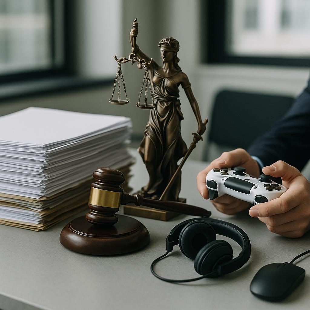 Legal documents on a desk, overlaid with Nintendo Switch games and accessories