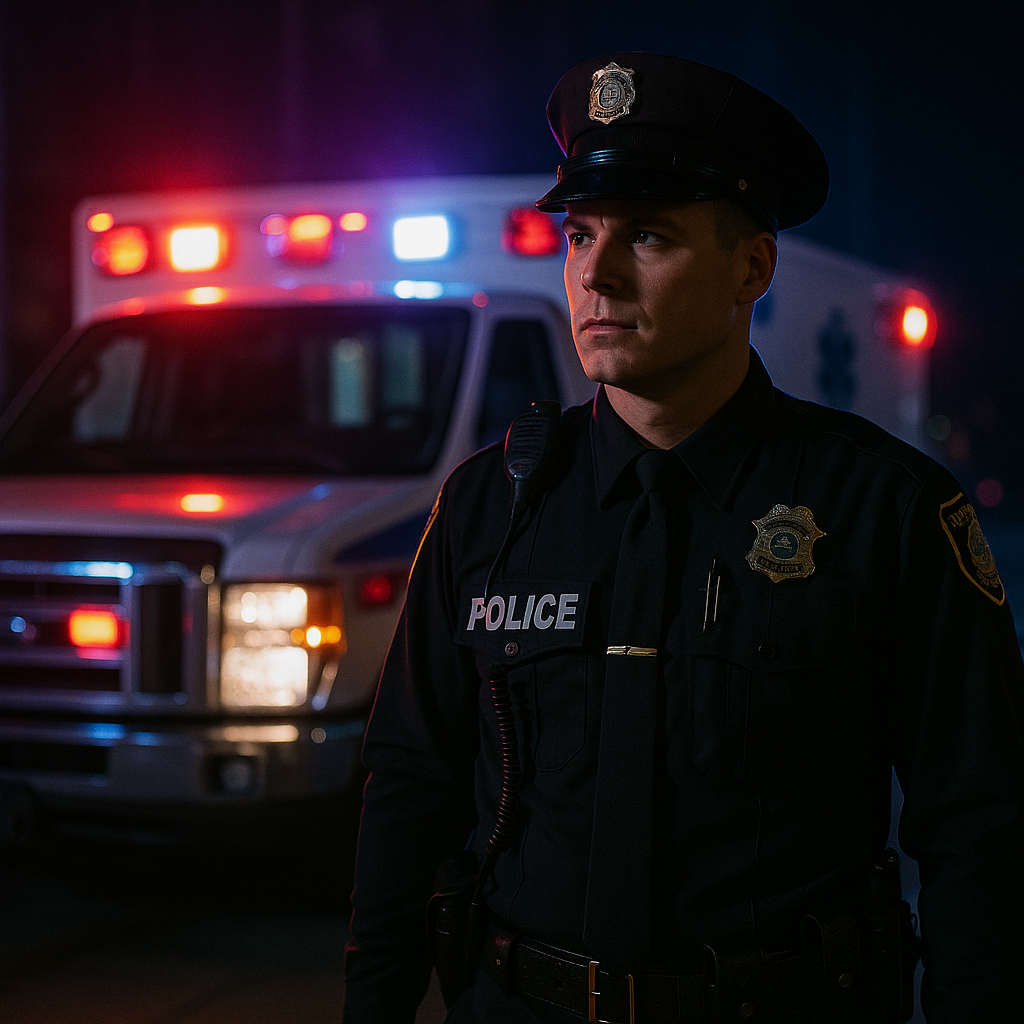 A police officer standing near an ambulance under flashing emergency lights