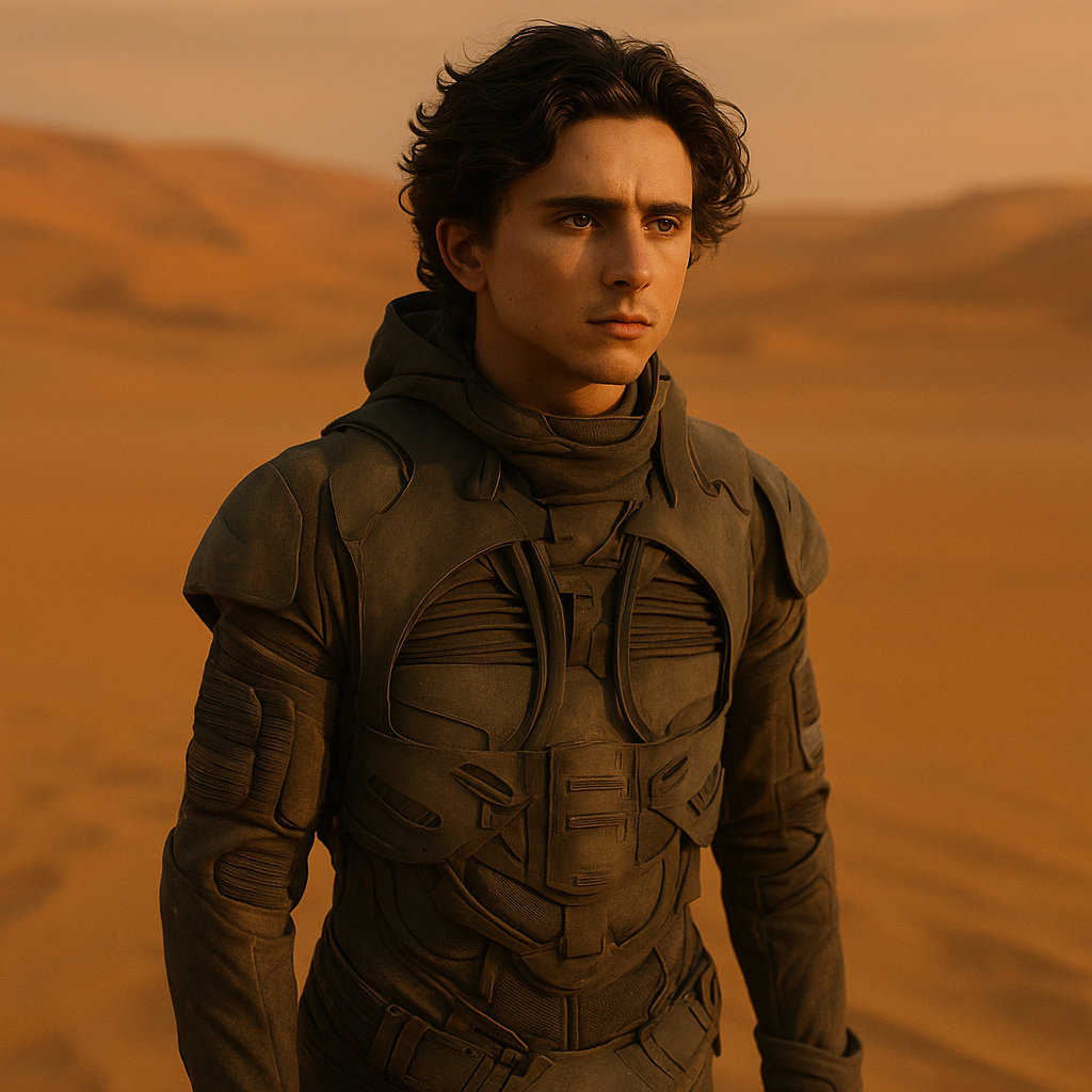 Close-up of a weathered poster showing Timothée Chalamet as Paul Atreides with the desert of Arrakis in the background