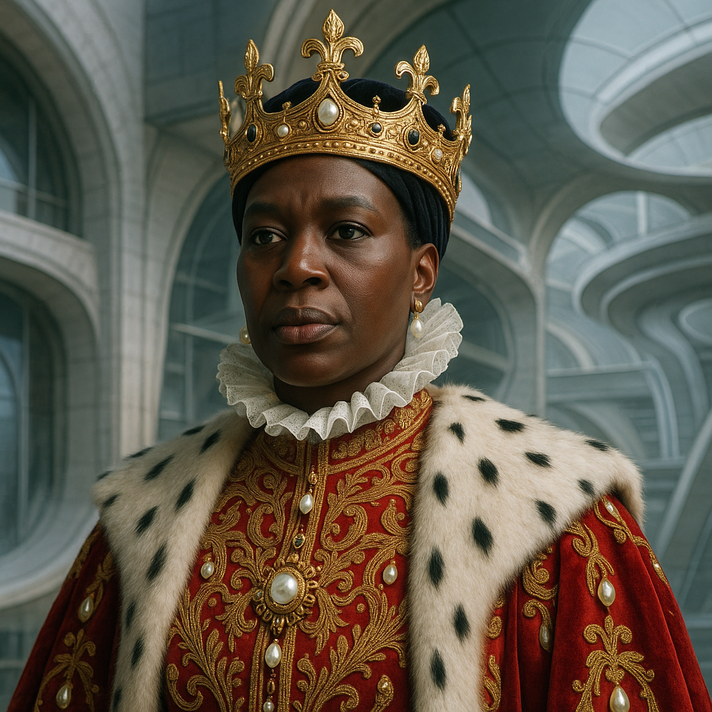 Florence Pugh’s character in rich, royal attire with a veiled expression, set against the Landsraad backdrops