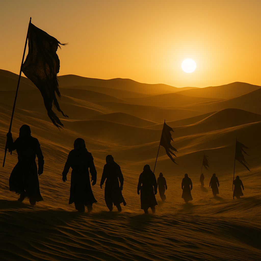 A wide landscape shot of sand dunes with the outline of Arrakis banner carriers marching in the foreground